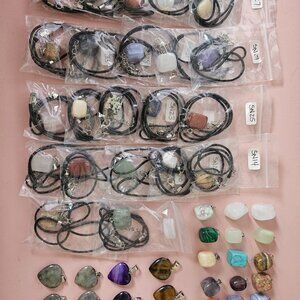 Bulk Lot Natural Stone Pendants 51pcs Crystal Gemstone Hearts Cubes Necklaces